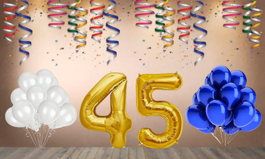 Number  45  Gold Foil Balloon and 25 Nos Blue and White Color Latex Balloon Combo