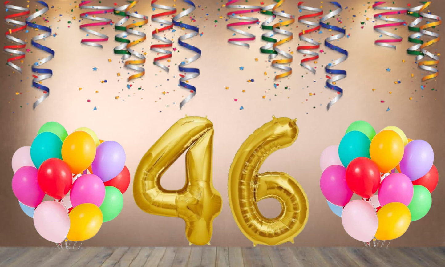 Number 46  Gold Foil Balloon and 25 Nos Multicolor Color Latex Balloon Combo