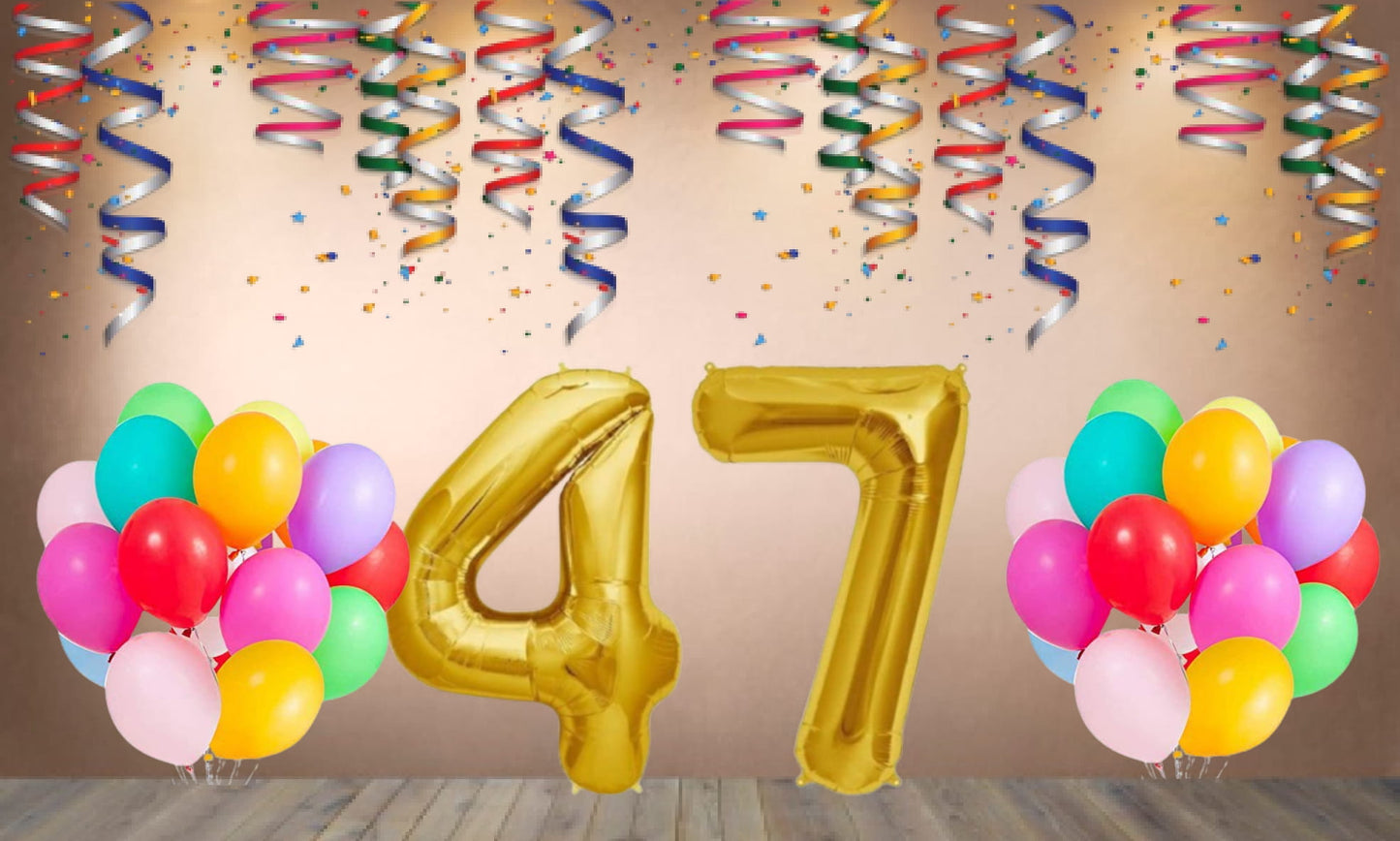 Number 47  Gold Foil Balloon and 25 Nos Multicolor Color Latex Balloon Combo