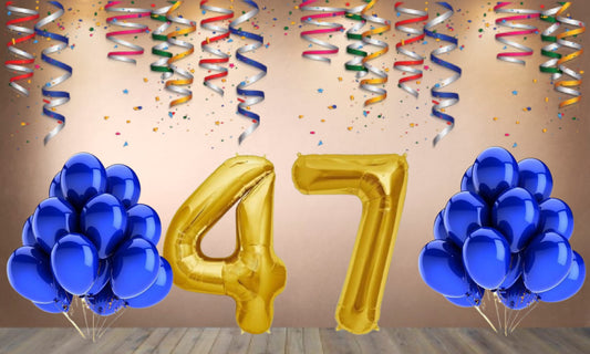Number  47 Gold Foil Balloon and 25 Nos Blue Color Latex Balloon Combo