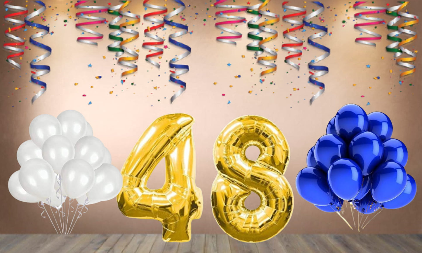 Number  48 Gold Foil Balloon and 25 Nos Blue and White Color Latex Balloon Combo
