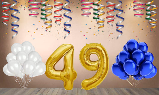 Number  49  Gold Foil Balloon and 25 Nos Blue and White Color Latex Balloon Combo
