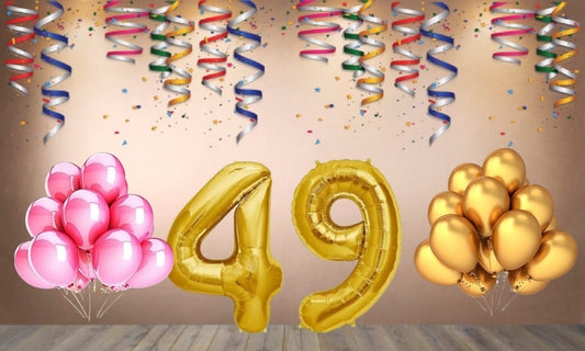 Number 49 Gold Foil Balloon and 25 Nos Pink and Gold Color Latex Balloon Combo