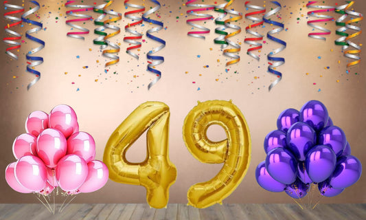 Number 49 Gold Foil Balloon and 25 Nos Pink and Purple Color Latex Balloon Combo