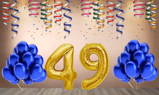 Number 49  Gold Foil Balloon and 25 Nos Blue Color Latex Balloon Combo