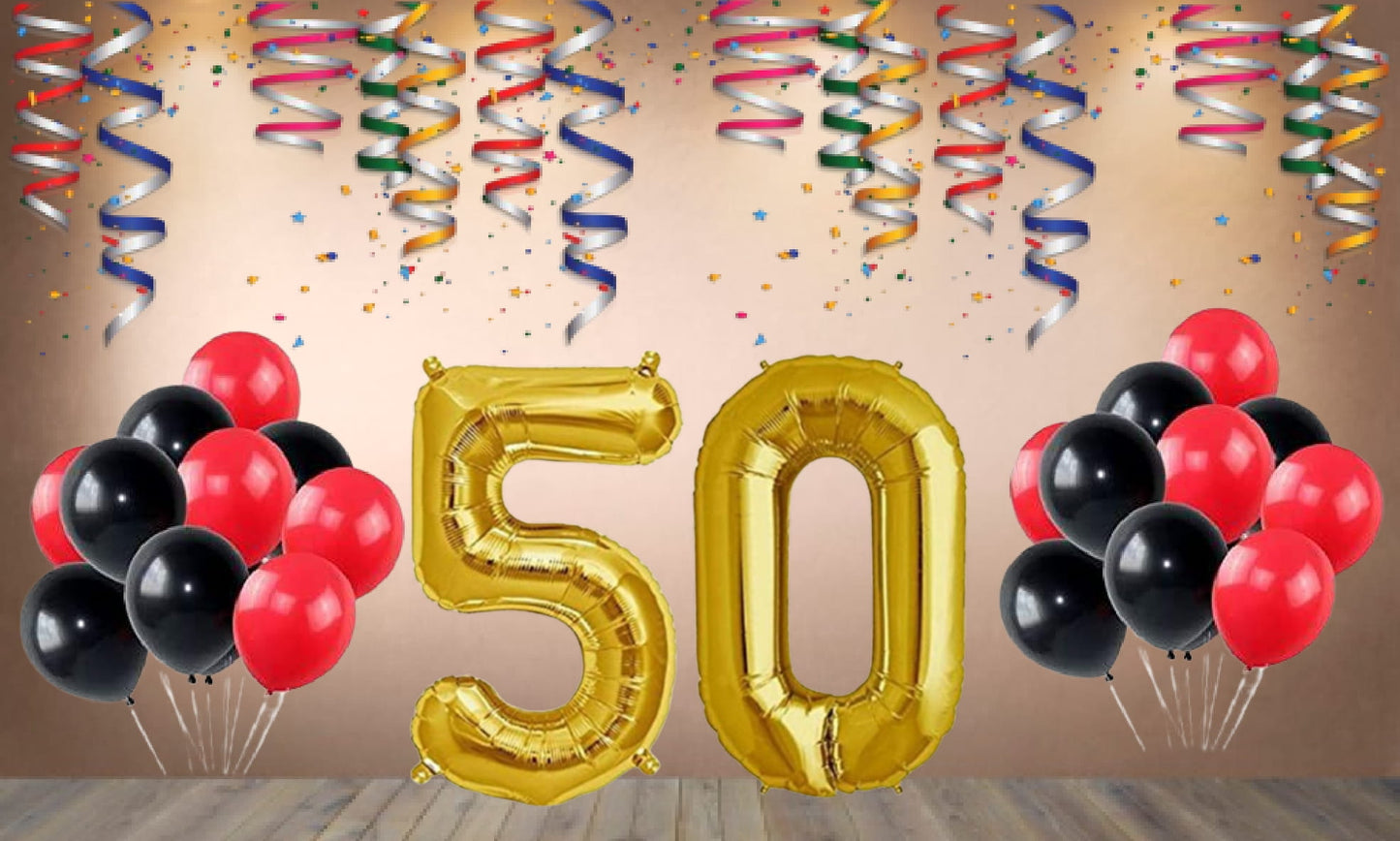 Number  50 Gold Foil Balloon and 25 Nos Black and Red Color Latex Balloon Combo