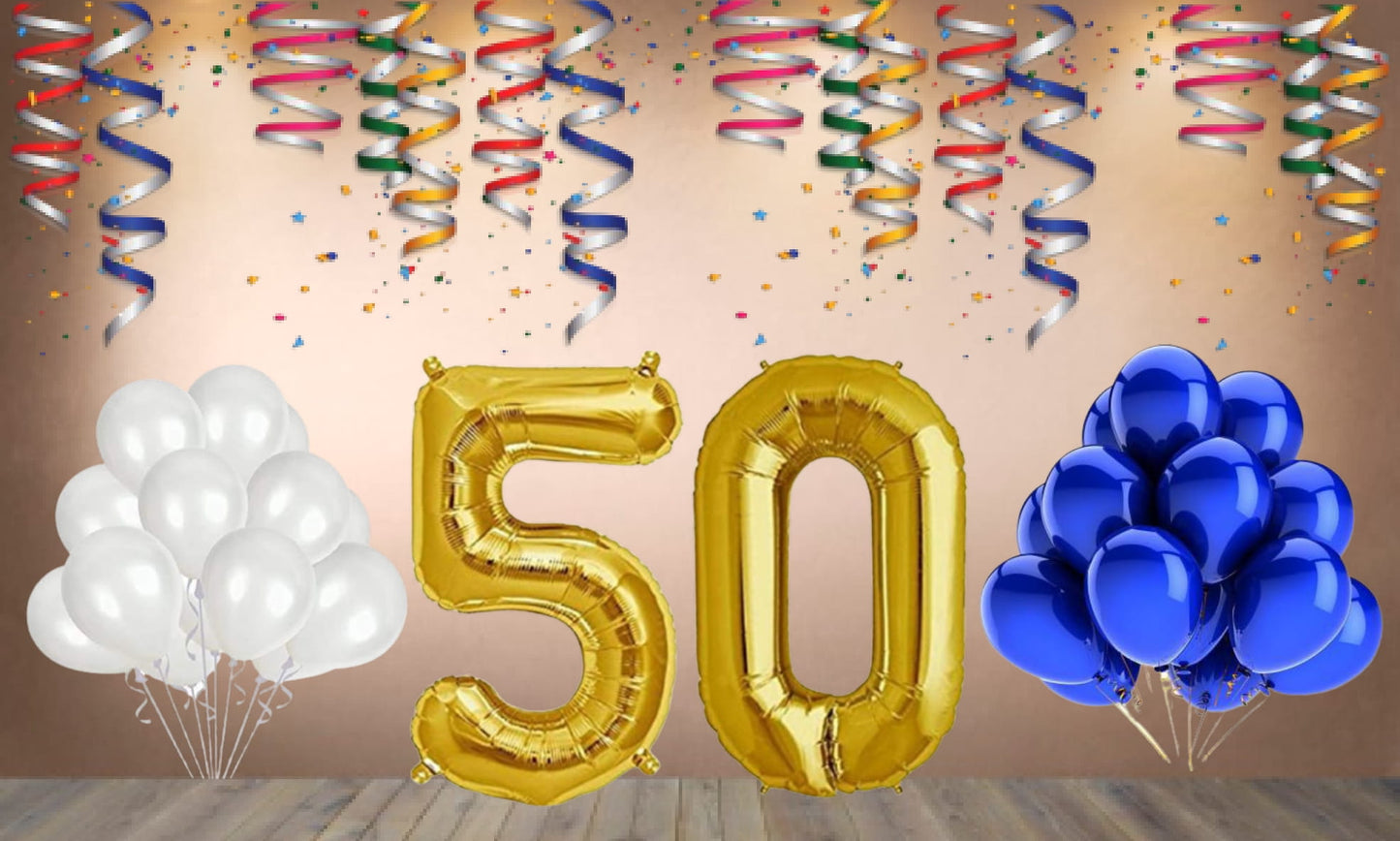 Number 50  Gold Foil Balloon and 25 Nos Blue and White Color Latex Balloon Combo