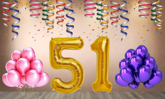 Number 51 Gold Foil Balloon and 25 Nos Pink and Purple Color Latex Balloon Combo