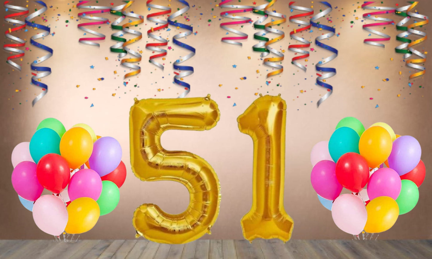 Number  51 Gold Foil Balloon and 25 Nos Multicolor Color Latex Balloon Combo