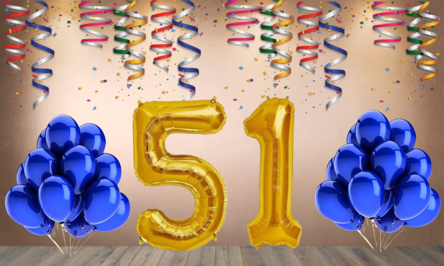 Number  51 Gold Foil Balloon and 25 Nos Blue Color Latex Balloon Combo