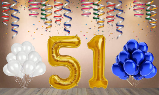 Number  51  Gold Foil Balloon and 25 Nos Blue and White Color Latex Balloon Combo
