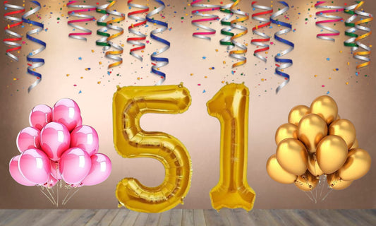 Number 51 Gold Foil Balloon and 25 Nos Pink and Gold Color Latex Balloon Combo