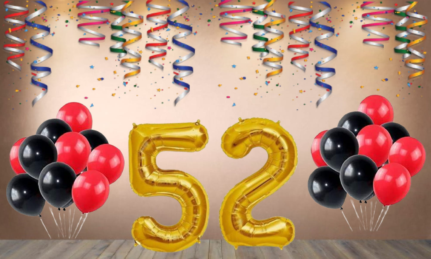 Number  52 Gold Foil Balloon and 25 Nos Black and Red Color Latex Balloon Combo