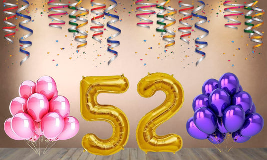 Number 52 Gold Foil Balloon and 25 Nos Pink and Purple Color Latex Balloon Combo