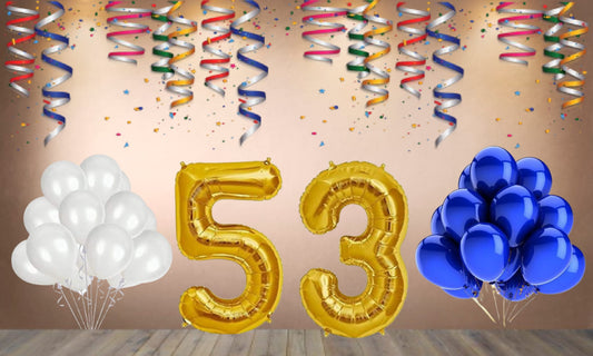 Number  53  Gold Foil Balloon and 25 Nos Blue and White Color Latex Balloon Combo