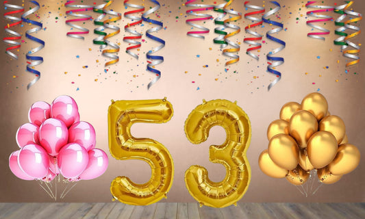 Number 53 Gold Foil Balloon and 25 Nos Pink and Gold Color Latex Balloon Combo