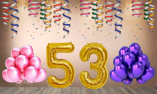 Number 53 Gold Foil Balloon and 25 Nos Pink and Purple Color Latex Balloon Combo