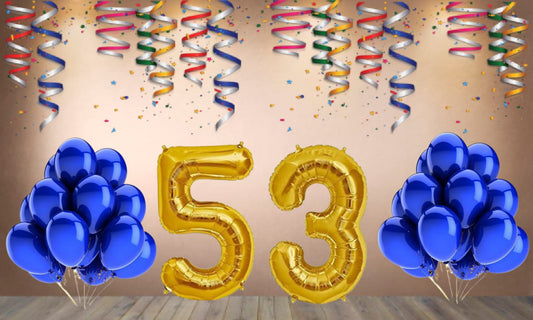 Number 53  Gold Foil Balloon and 25 Nos Blue Color Latex Balloon Combo