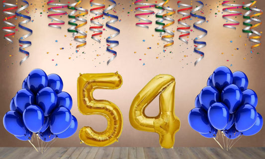 Number  54 Gold Foil Balloon and 25 Nos Blue Color Latex Balloon Combo