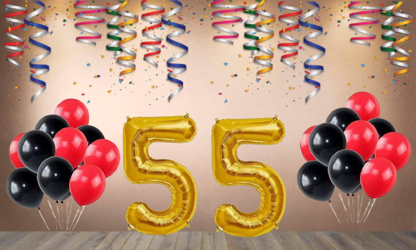 Number  55 Gold Foil Balloon and 25 Nos Black and Red Color Latex Balloon Combo