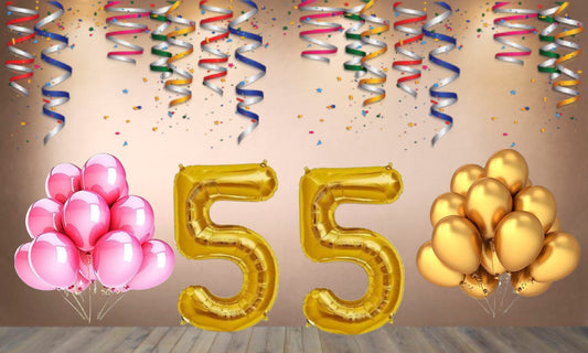 Number 55 Gold Foil Balloon and 25 Nos Pink and Gold Color Latex Balloon Combo