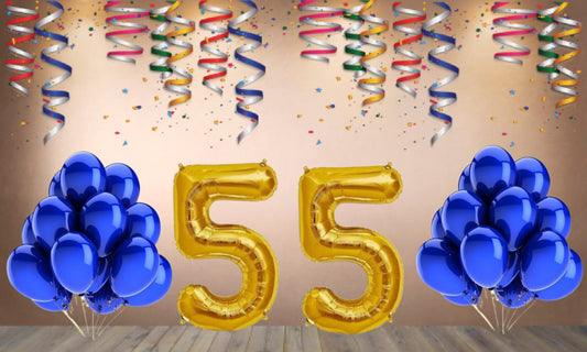 Number 55  Gold Foil Balloon and 25 Nos Blue Color Latex Balloon Combo