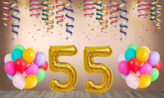 Number  55 Gold Foil Balloon and 25 Nos Multicolor Color Latex Balloon Combo