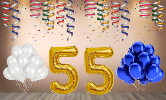 Number  55  Gold Foil Balloon and 25 Nos Blue and White Color Latex Balloon Combo