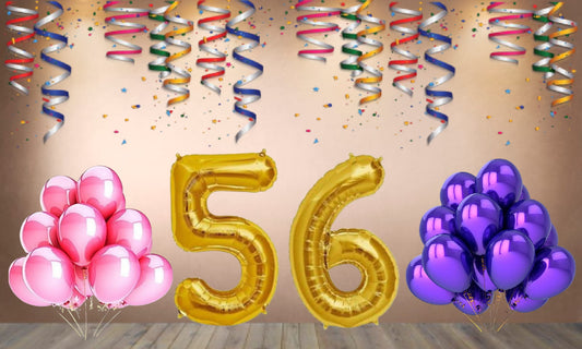 Number 56 Gold Foil Balloon and 25 Nos Pink and Purple Color Latex Balloon Combo