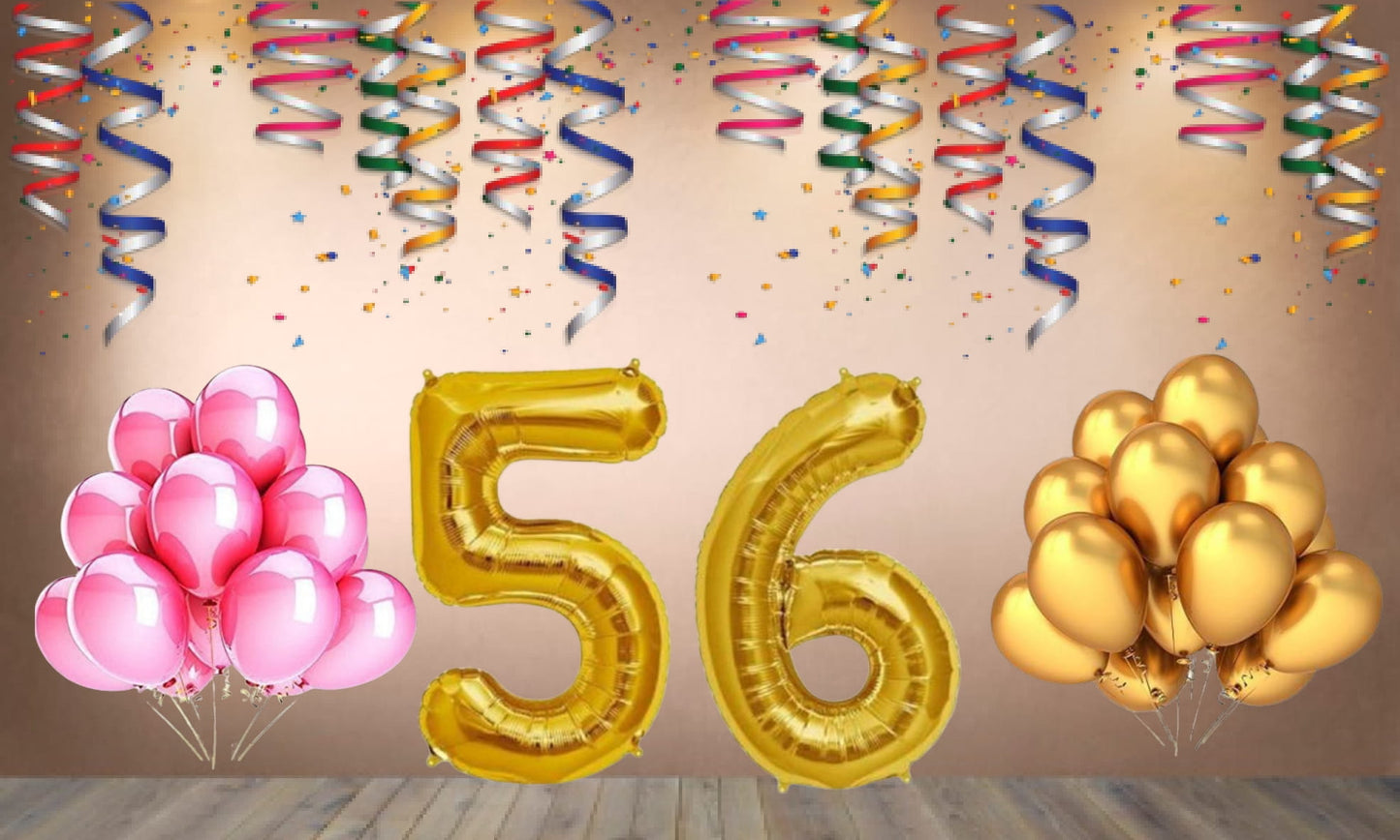 Number 56 Gold Foil Balloon and 25 Nos Pink and Gold Color Latex Balloon Combo