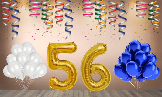 Number  56  Gold Foil Balloon and 25 Nos Blue and White Color Latex Balloon Combo