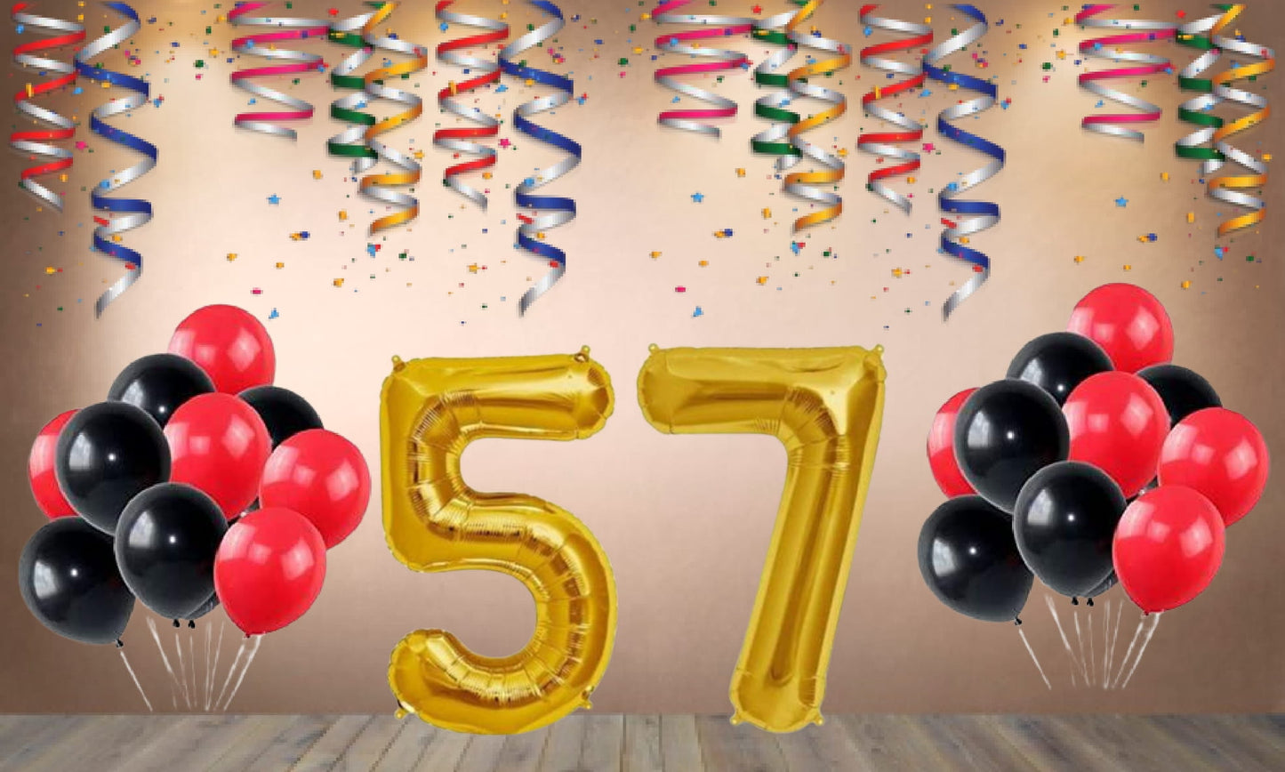 Number  57 Gold Foil Balloon and 25 Nos Black and Red Color Latex Balloon Combo