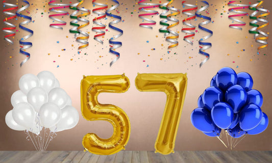 Number  57  Gold Foil Balloon and 25 Nos Blue and White Color Latex Balloon Combo