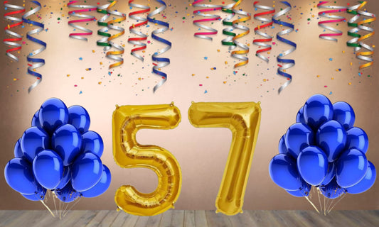 Number 57  Gold Foil Balloon and 25 Nos Blue Color Latex Balloon Combo