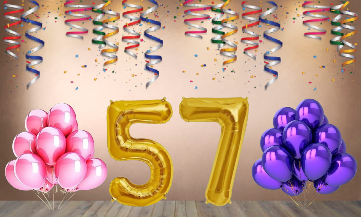 Number 57 Gold Foil Balloon and 25 Nos Pink and Purple Color Latex Balloon Combo