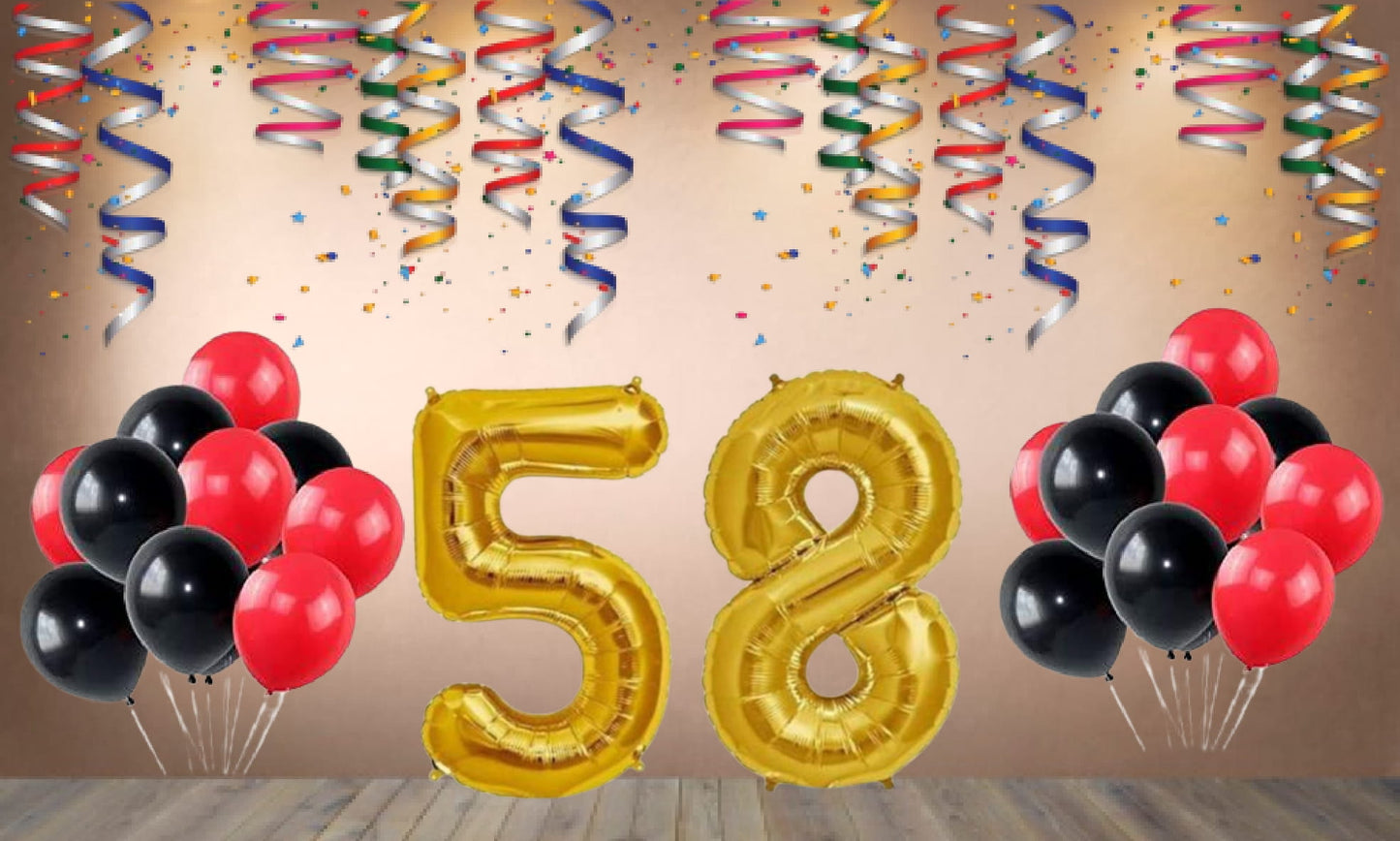 Number 58  Gold Foil Balloon and 25 Nos Black and Red Color Latex Balloon Combo