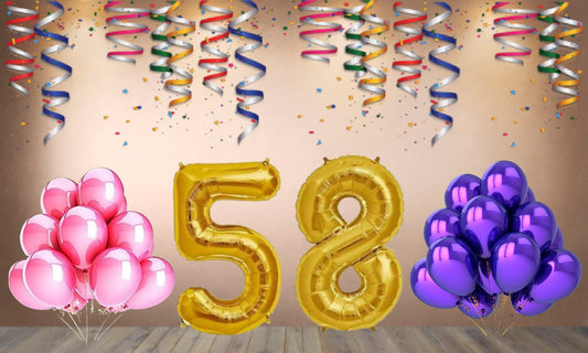 Number 58 Gold Foil Balloon and 25 Nos Pink and Purple Color Latex Balloon Combo