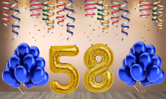 Number 58  Gold Foil Balloon and 25 Nos Blue Color Latex Balloon Combo