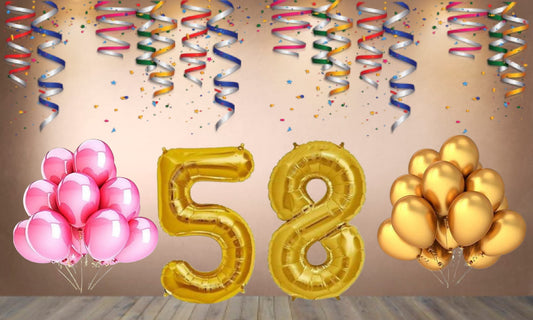 Number 58 Gold Foil Balloon and 25 Nos Pink and Gold Color Latex Balloon Combo