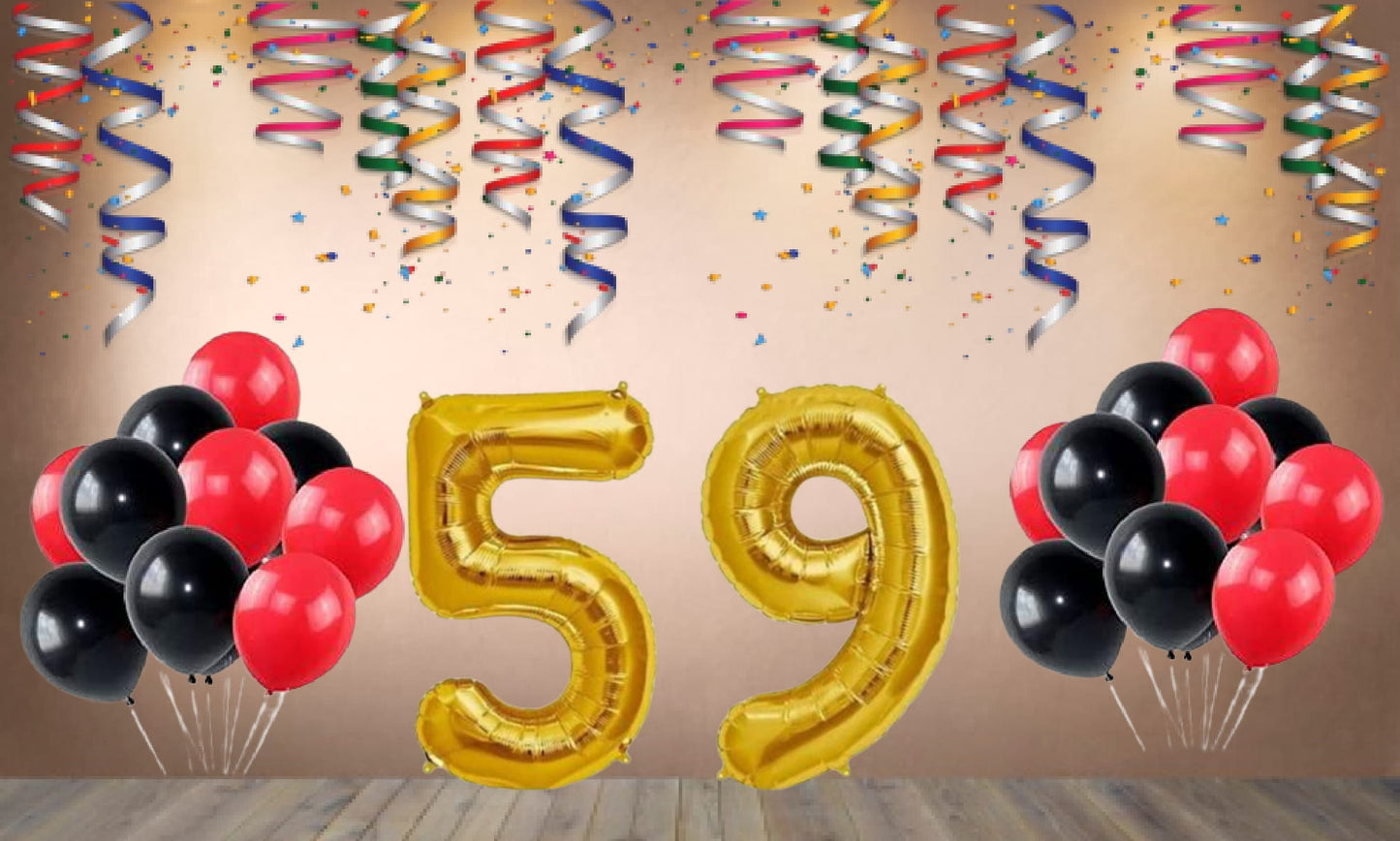 Number  59 Gold Foil Balloon and 25 Nos Black and Red Color Latex Balloon Combo
