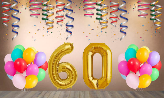 Number 60  Gold Foil Balloon and 25 Nos Multicolor Color Latex Balloon Combo