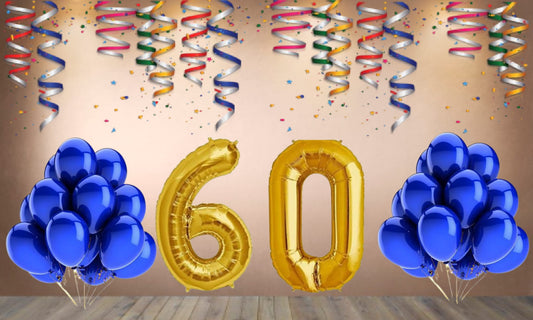 Number 60  Gold Foil Balloon and 25 Nos Blue Color Latex Balloon Combo