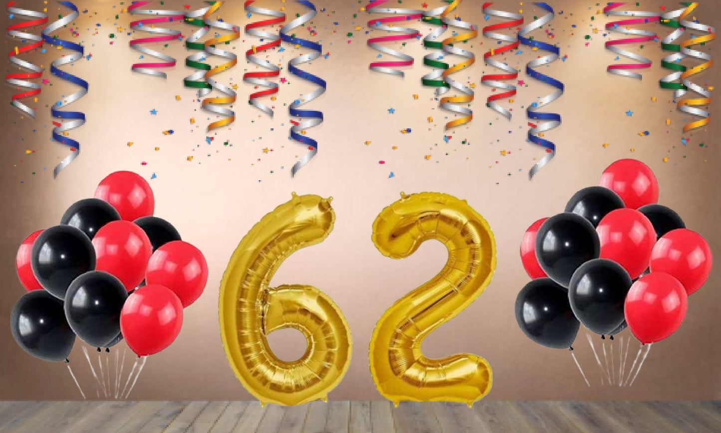 Number 62 Gold Foil Balloon and 25 Nos Black and Red Color Latex Balloon Combo