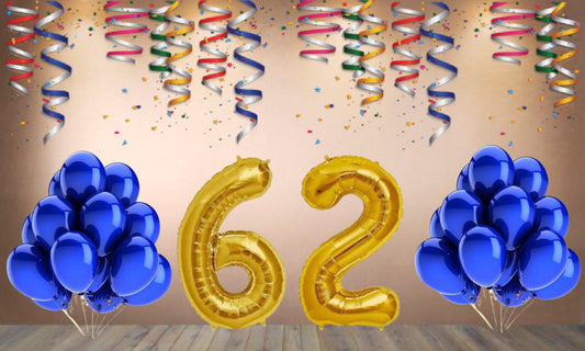 Number 62  Gold Foil Balloon and 25 Nos Blue Color Latex Balloon Combo