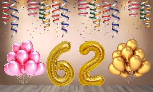Number 62 Gold Foil Balloon and 25 Nos Pink and Gold Color Latex Balloon Combo