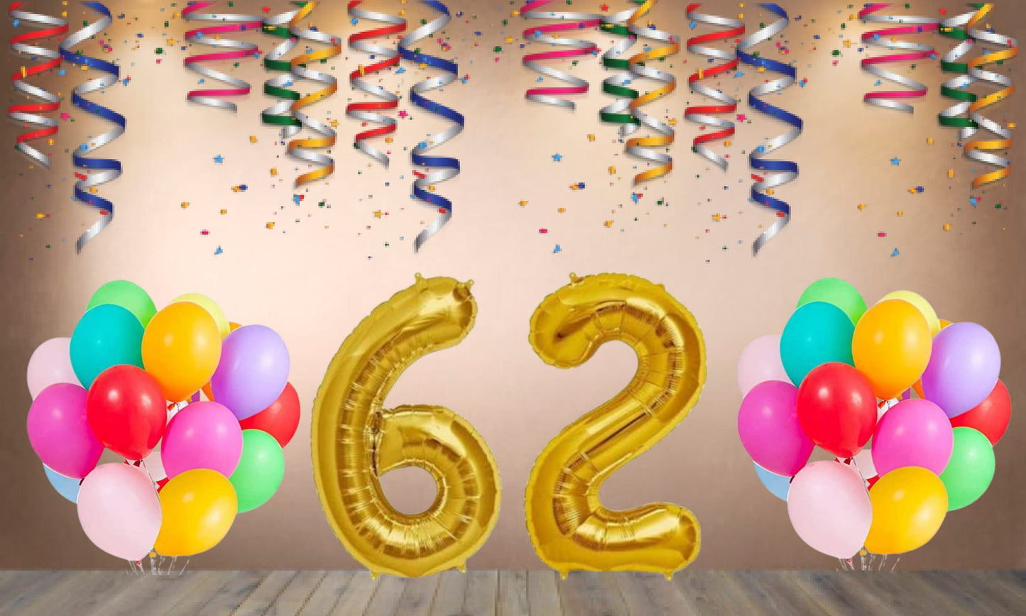 Number  62 Gold Foil Balloon and 25 Nos Multicolor Color Latex Balloon Combo