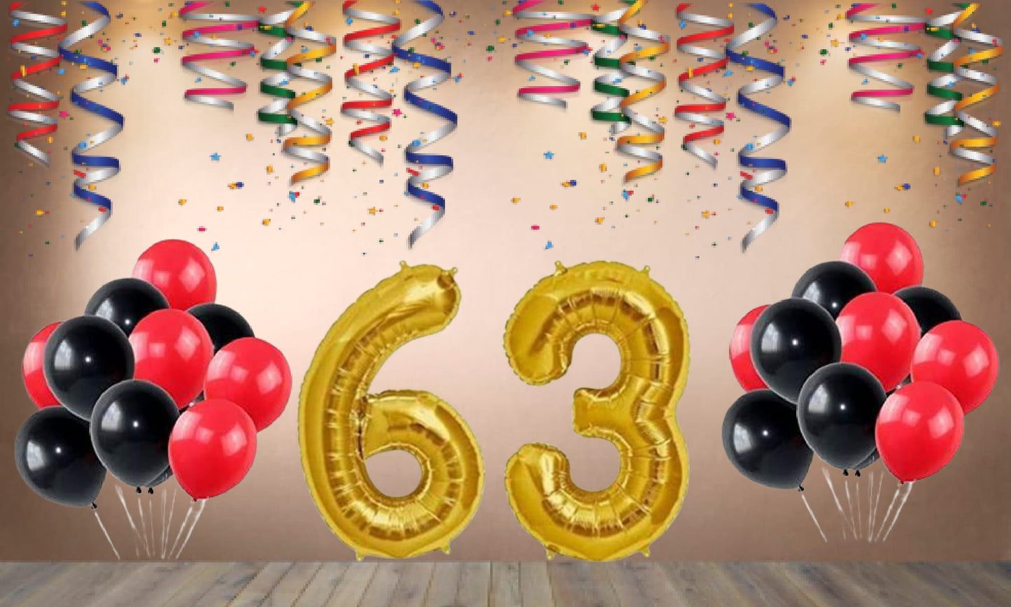 Number 63 Gold Foil Balloon and 25 Nos Black and Red Color Latex Balloon Combo