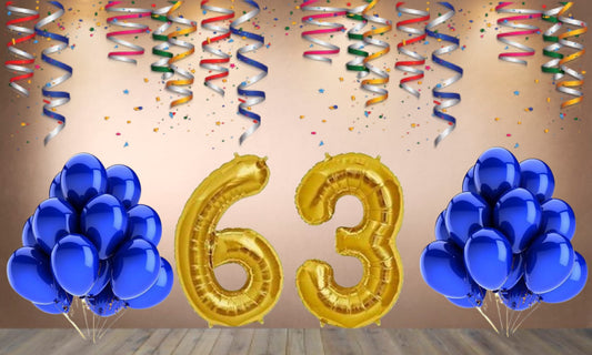 Number 63  Gold Foil Balloon and 25 Nos Blue Color Latex Balloon Combo