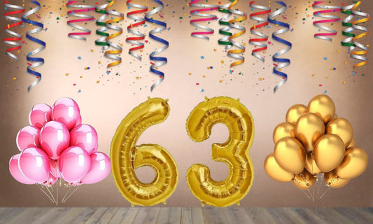 Number 63 Gold Foil Balloon and 25 Nos Pink and Gold Color Latex Balloon Combo