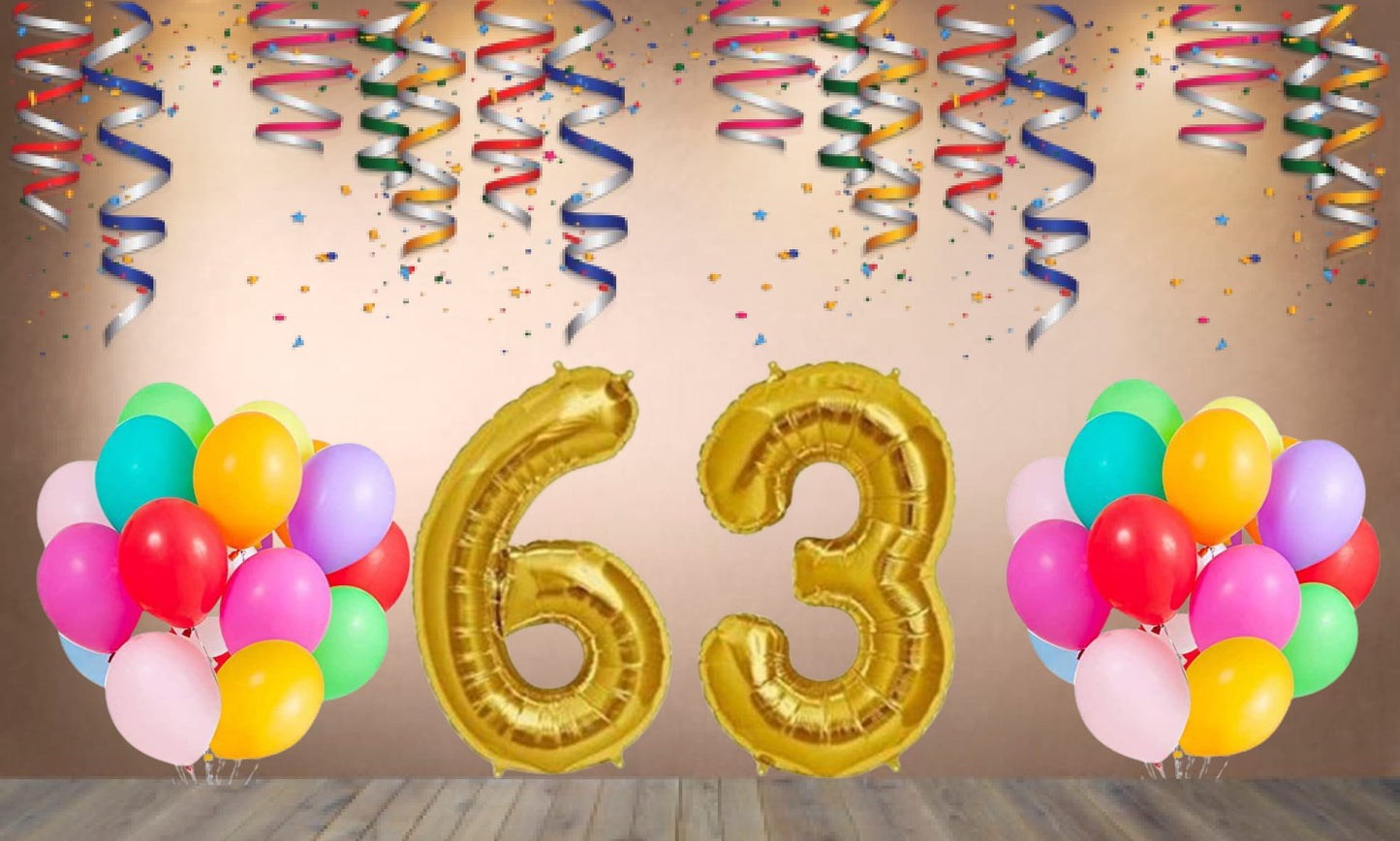 Number 63  Gold Foil Balloon and 25 Nos Multicolor Color Latex Balloon Combo